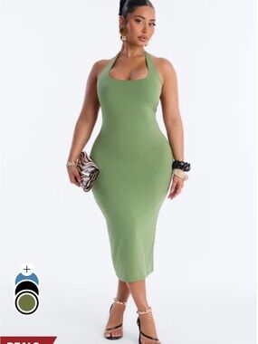 Olive Green Ribbed Halter Midi Dress